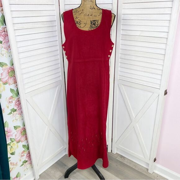 Vintage Jane Ashley Embroidered Microfiber Jumper Midi Dress Red Medium - Picture 1 of 12